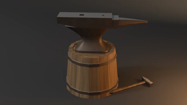 A London-pattern forged anvil with a thick face block, tapered horn and broad flared foot on a hooped oak stand, a cross-peen hammer on the floor beside it.