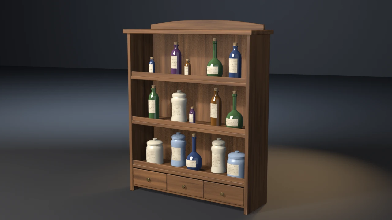 A stained wooden shelf with an arched crest, gallery rails and three brass-knobbed drawers, stocked with labelled glass bottles and flasks and cream and blue glazed jars.