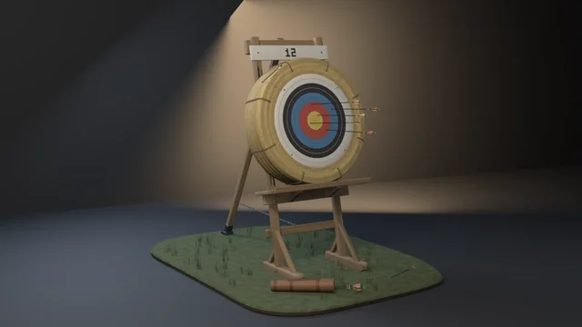A straw archery boss with a gold, red, blue, black and white face and five arrows, leaning on a timber easel numbered 12, a quiver on the grass patch below.