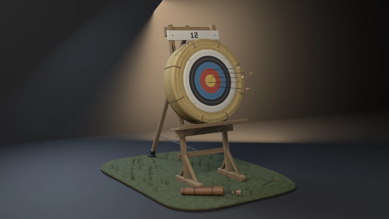 A straw archery boss with a gold, red, blue, black and white face and five arrows, leaning on a timber easel numbered 12, a quiver on the grass patch below.
