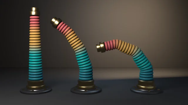Three ribbed bellows hoses with brass collars on steel foot flanges, banded teal to amber to coral, standing straight, half curled and fully curled by an armature.