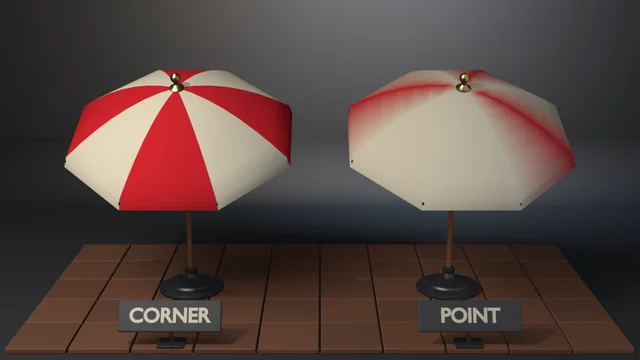 Two patio parasols on a terracotta paver deck behind CORNER and POINT slate placards: the left has crisp crimson and cream stripes, the right has its stripes smeared pink.