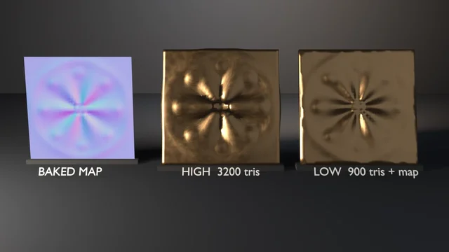 Left to right: a lilac baked normal-map card, the 3200-tri ribbed bronze source plate, and the 900-tri decimated plate wearing the map, each captioned on the floor.