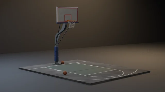 A basketball goal on a concrete court pad: padded square gooseneck pole, framed backboard, orange rim and white net over a faded green key and arc, two basketballs on the concrete.