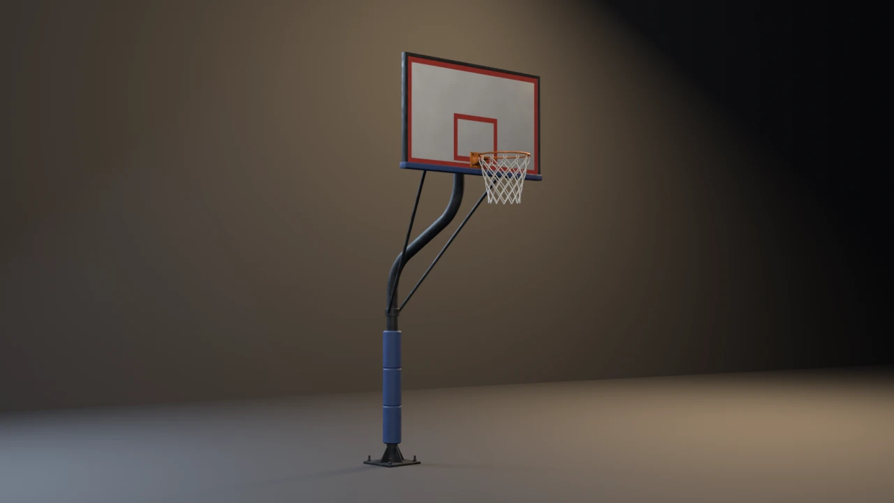 An outdoor basketball goal: padded steel gooseneck pole on a bolted plate, braced framed backboard with a red shooter's square, an orange rim and a white corded net.