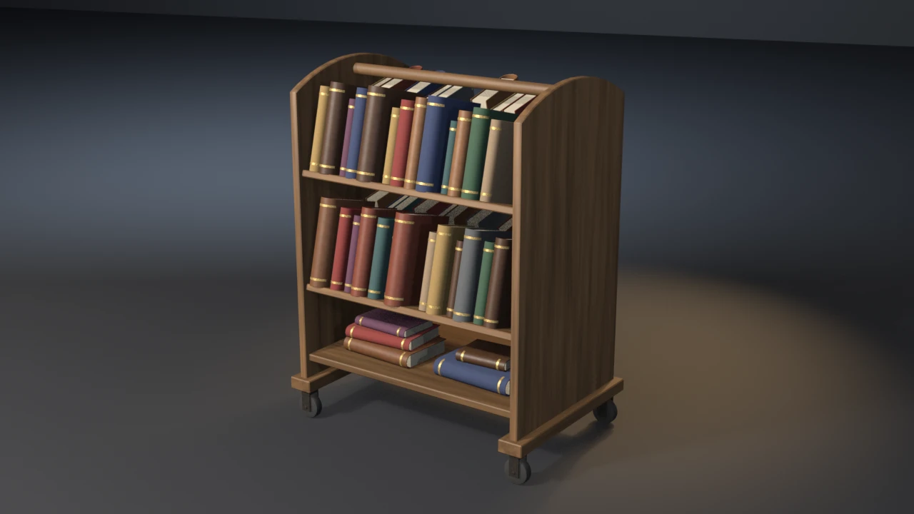 A double-sided wooden library book trolley on four casters, its two sloped troughs of cloth and leather hardbacks leaning back spines out, with loose books stacked on the bottom deck.