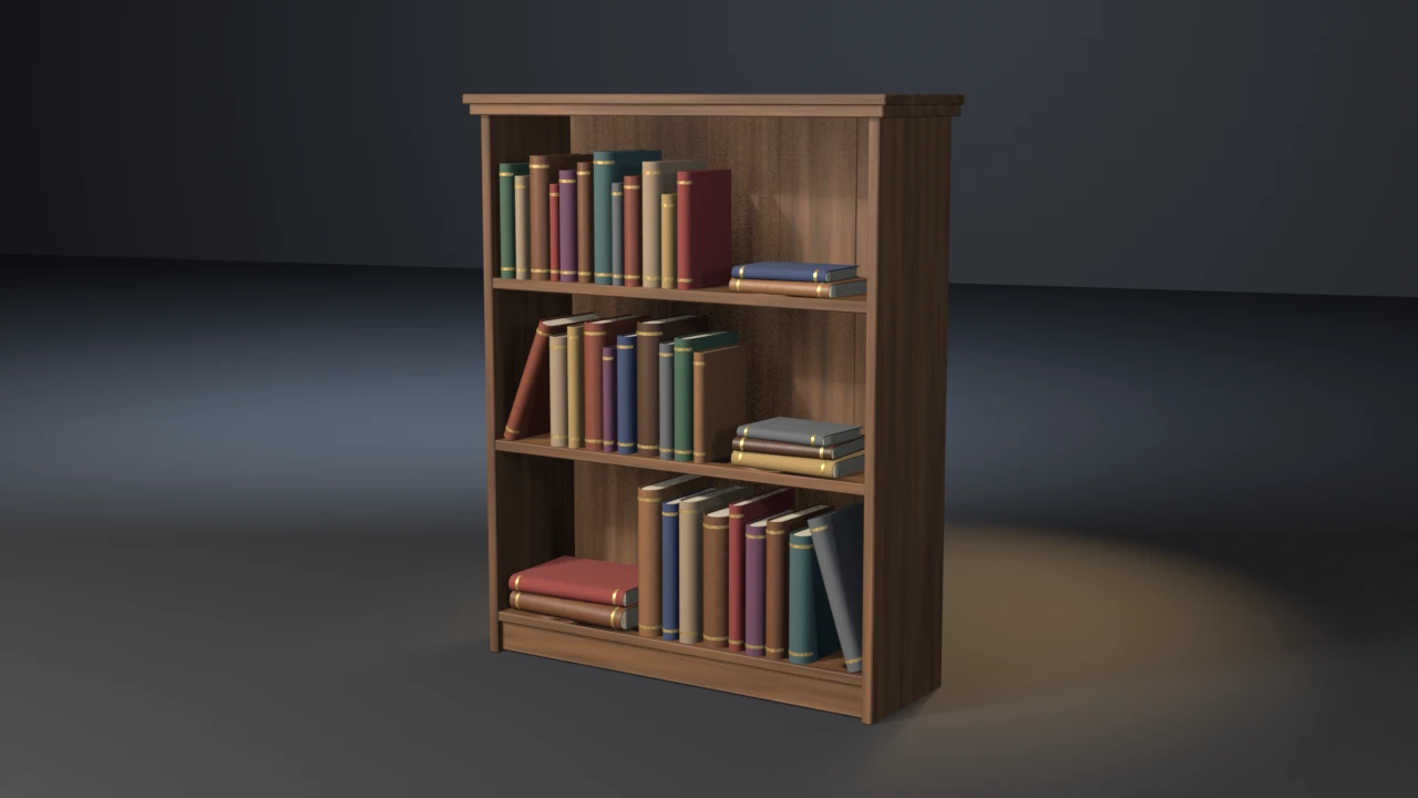 A stained wooden bookcase with three shelves of cloth and leather hardbacks with gilt spine bands, some standing, some stacked flat, and two leaning against their neighbours.