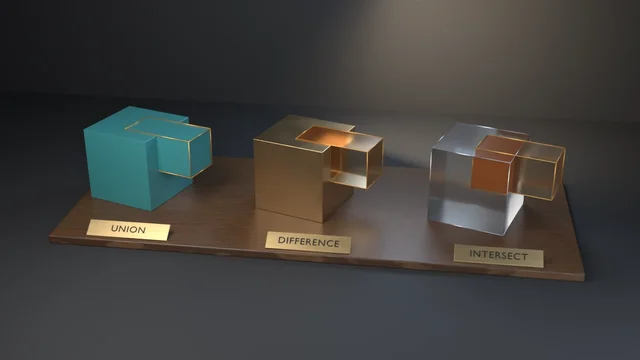 Three results on a walnut plinth behind brass UNION, DIFFERENCE and INTERSECT plaques: a teal union, a bronze cube notched under amber ghost glass, and an orange cube inside frosted glass.