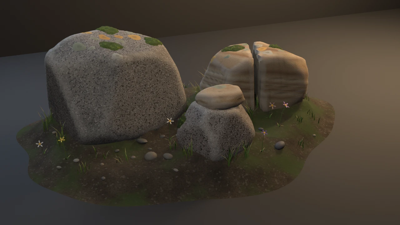 A speckled granite block, a banded sandstone boulder split in two and a slab resting on a smaller boulder, sunk in a grassy soil mound with pebbles and wildflowers.