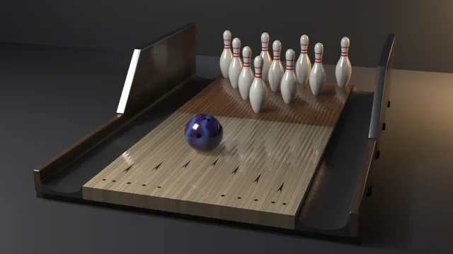 Ten white pins with red neck stripes racked on a dark pin deck at the end of a glossy maple lane with arrows and dots, a marbled violet ball resting on the approach.