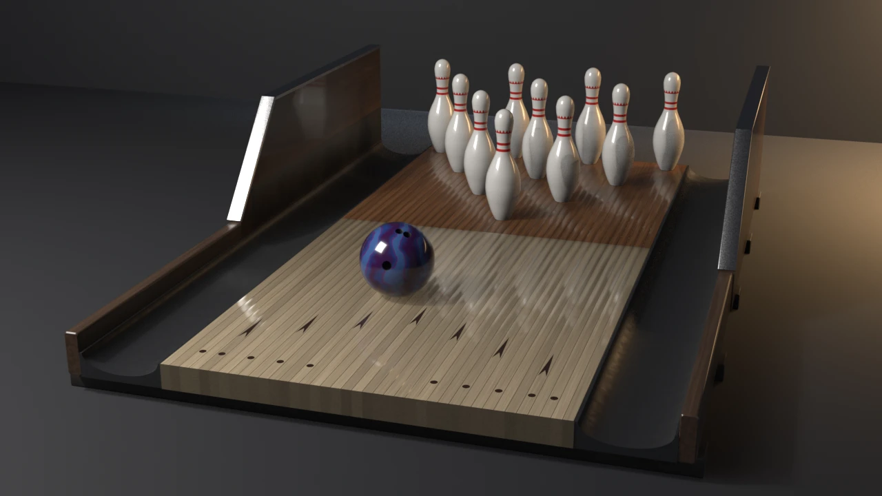 Ten white pins with red neck stripes racked on a dark pin deck at the end of a glossy maple lane with arrows and dots, a marbled violet ball resting on the approach.