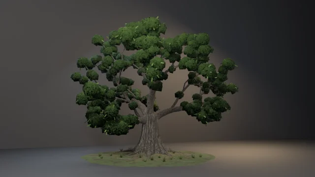 A mature oak with a massive buttressed trunk and crooked limbs reaching out under a broad dome of lumpy dark-green leaf cushions, on a grassy mound with roots, tufts and fallen leaves.