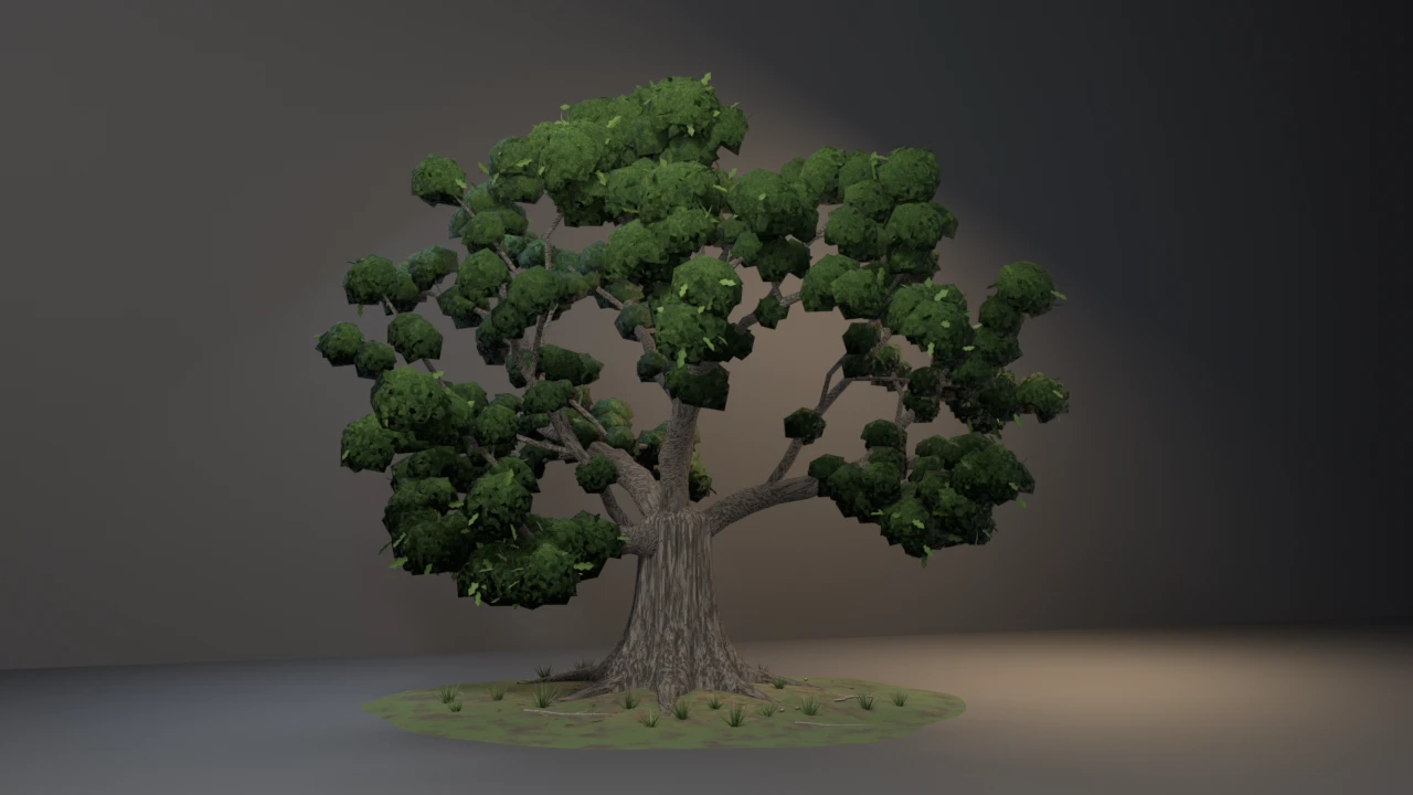 A mature oak with a massive buttressed trunk and crooked limbs reaching out under a broad dome of lumpy dark-green leaf cushions, on a grassy mound with roots, tufts and fallen leaves.
