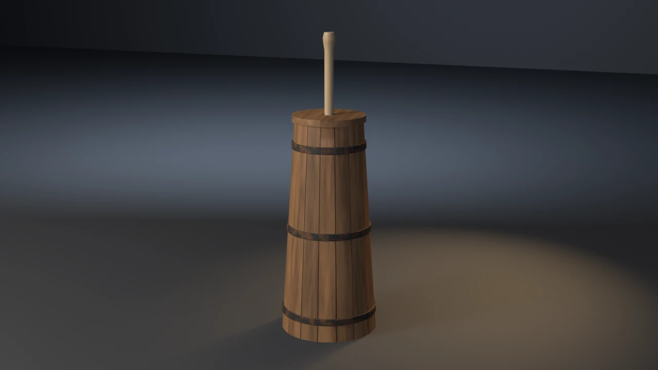 A tall staved oak butter churn narrowing toward the top, bound by three dark iron hoops, with a two-board lid and a pale maple dasher handle rising through it.