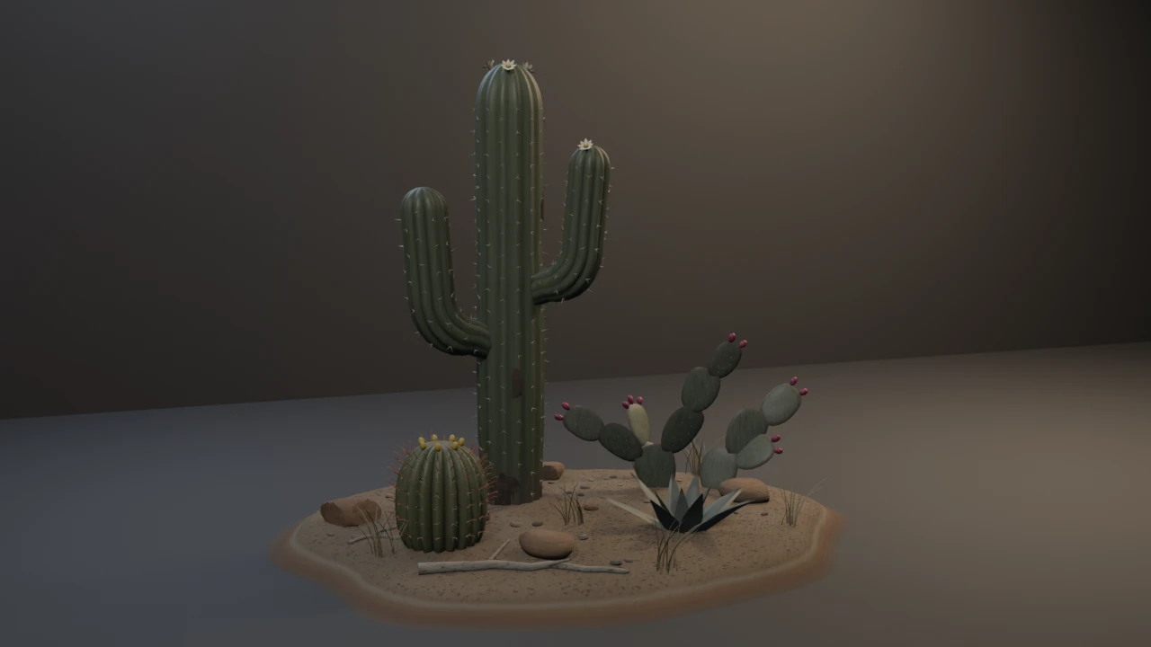 A Sonoran cactus garden on a raised sand disc: a ribbed, many-armed saguaro and cream crown flowers, a red-hooked barrel cactus, a prickly pear with magenta fruit, an agave and sandstone rocks.