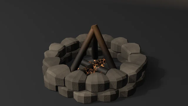 A campfire of crossed logs in a teepee, the sticks charring toward the flames and the floor logs glowing through ember cracks, inside a two-course ring of warm fieldstones.