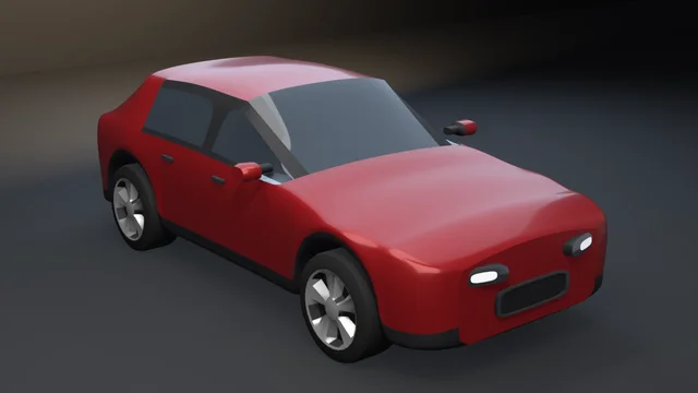 A smooth candy-red hatchback in front three-quarter view with tinted glass, a chrome sill, five-spoke alloy wheels, and matched headlamps and mirrors either side of one centered grille.