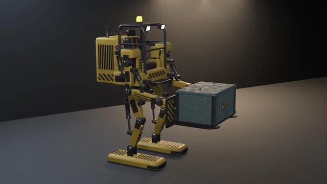 A yellow bipedal cargo loader in a crouch, hydraulic rams on its legs and arms, an open roll-cage cockpit with an amber beacon, holding a blue-grey crate on its forks.