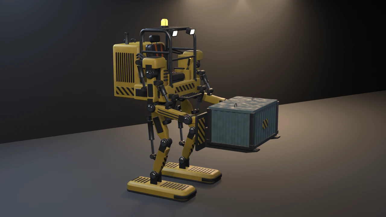 A yellow bipedal cargo loader in a crouch, hydraulic rams on its legs and arms, an open roll-cage cockpit with an amber beacon, holding a blue-grey crate on its forks.