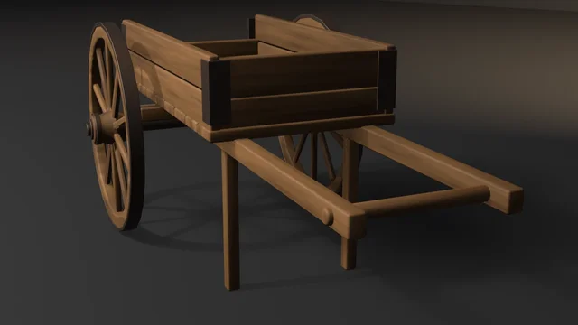 A wooden handcart with a planked box bed and iron corner straps on two spoked wheels, standing level on two prop legs with its shafts joined by a pull bar.