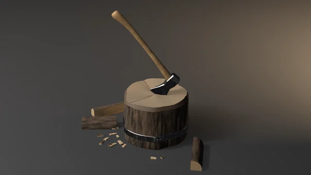 A log-round chopping block bound with a riveted iron hoop, a felling axe buried in its ringed top, split billets and wood chips scattered at its foot.
