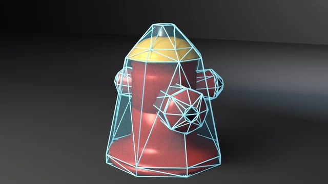A red and yellow fire hydrant wrapped in a cyan wireframe convex collision hull.