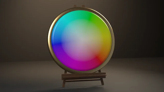 A domed ceramic plate glazed with a full hue wheel that fades to white at the centre, ringed in a brass bezel and standing on a walnut easel.