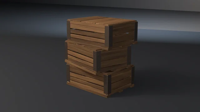 Three grained wooden shipping crates stacked, each turned slightly differently, with nailed iron corner straps.