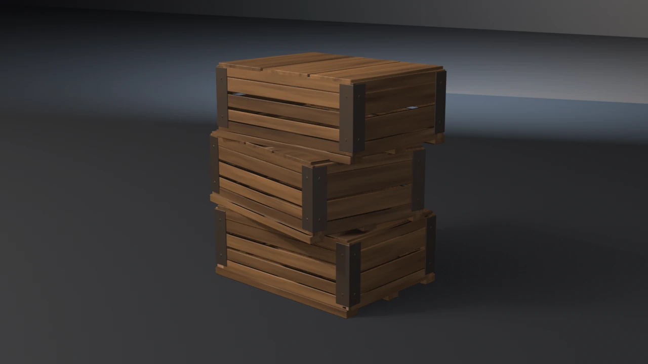 Three grained wooden shipping crates stacked, each turned slightly differently, with nailed iron corner straps.