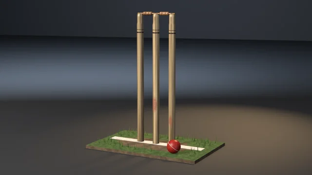 A cricket wicket of three lacquered ash stumps, red-scuffed where the ball struck, two turned bails in their grooves, on a turf strip worn bare along the chalk crease.