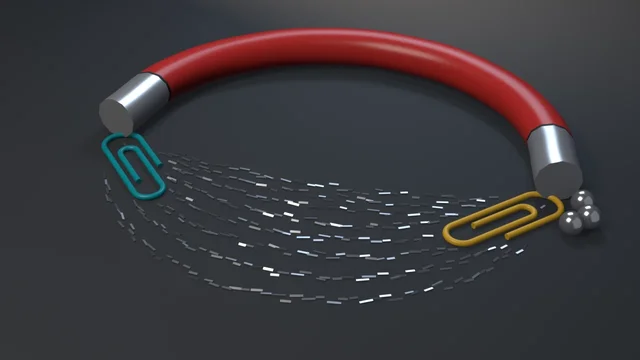 A red horseshoe magnet made of one beveled Bezier curve on a dark floor, its filled end caps facing the camera as steel pole faces, iron filings arcing between them.