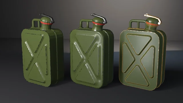 Three olive jerry cans with X-pressed panels, triple handles and red-sealed spouts: faceted flat, glossy-smeared smooth-everywhere, and crisp by-angle with its sharp edges traced in thin amber lines.