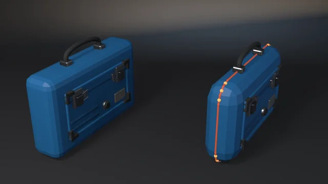 Two blue hard-shell cases with steel latches: the left with clean chamfer bands, the right with its rim collapsed into a ridge traced by a thin red-orange seam and amber pins at the degenerate faces.