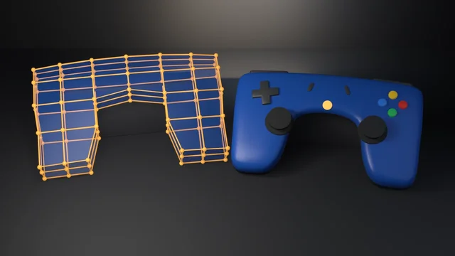 A game controller's sparse control cage in orange wire and vertex beads beside the smooth subdivided cobalt controller with sticks and colored buttons, on a dark studio floor.