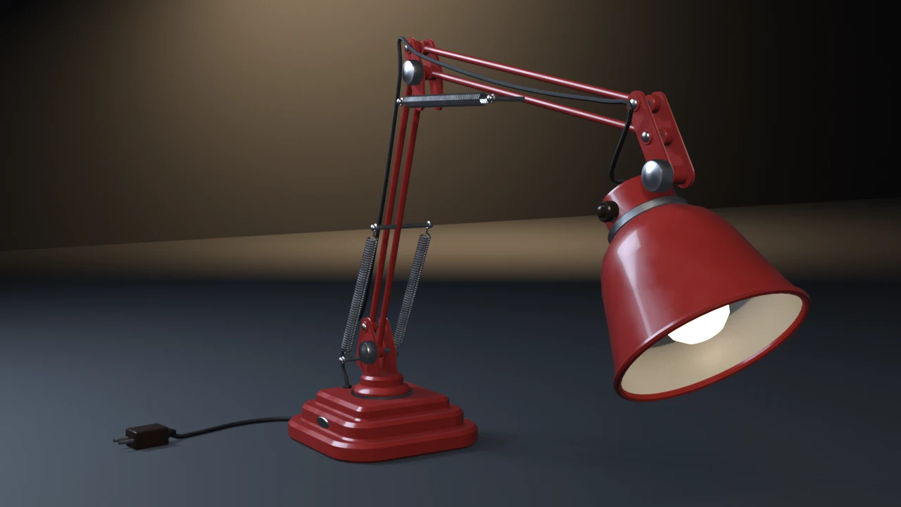 A red balanced-arm desk lamp on a dark studio floor: stepped base, parallel-rod arms with chrome springs and knobs, and a domed shade whose white reflector frames a glowing bulb.