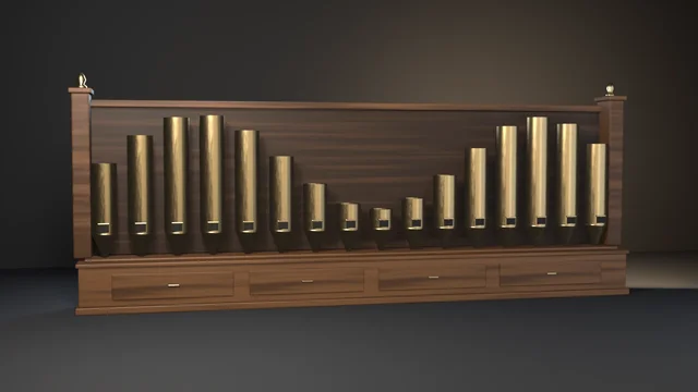 A small pipe-organ facade: sixteen brass pipes on a walnut windchest in front of a dark walnut case, their tops rising and falling in a sine wave, tall at both ends and short in the middle.