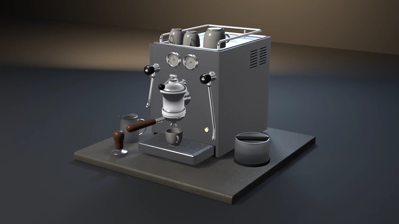 A brushed stainless E61 espresso machine with twin gauges, a chrome group head and a walnut-handled portafilter over a shot cup, cups on its warmer tray, beside a tamper, milk pitcher and knock box.