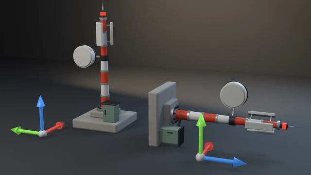 Two re-imports of a red-and-white radio mast with axis gizmos: the Unity copy stands with blue Z up, the Godot copy lies on the floor with green Y up and blue Z along the mast.