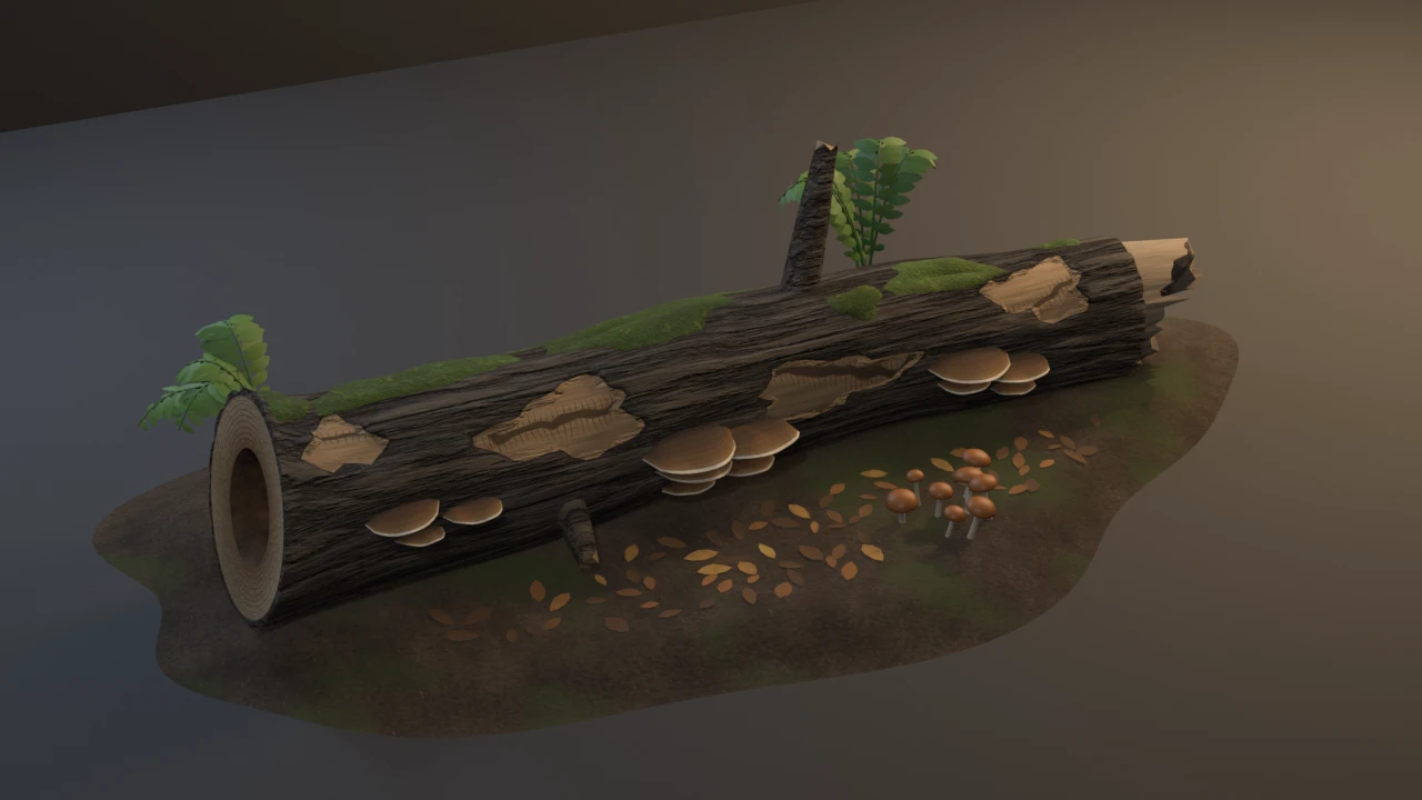 A mossy fallen log settled into a soil mound: furrowed dark bark peeled in patches, a hollow ringed butt, a splintered top, shelf fungi, toadstools, ferns and fallen leaves.