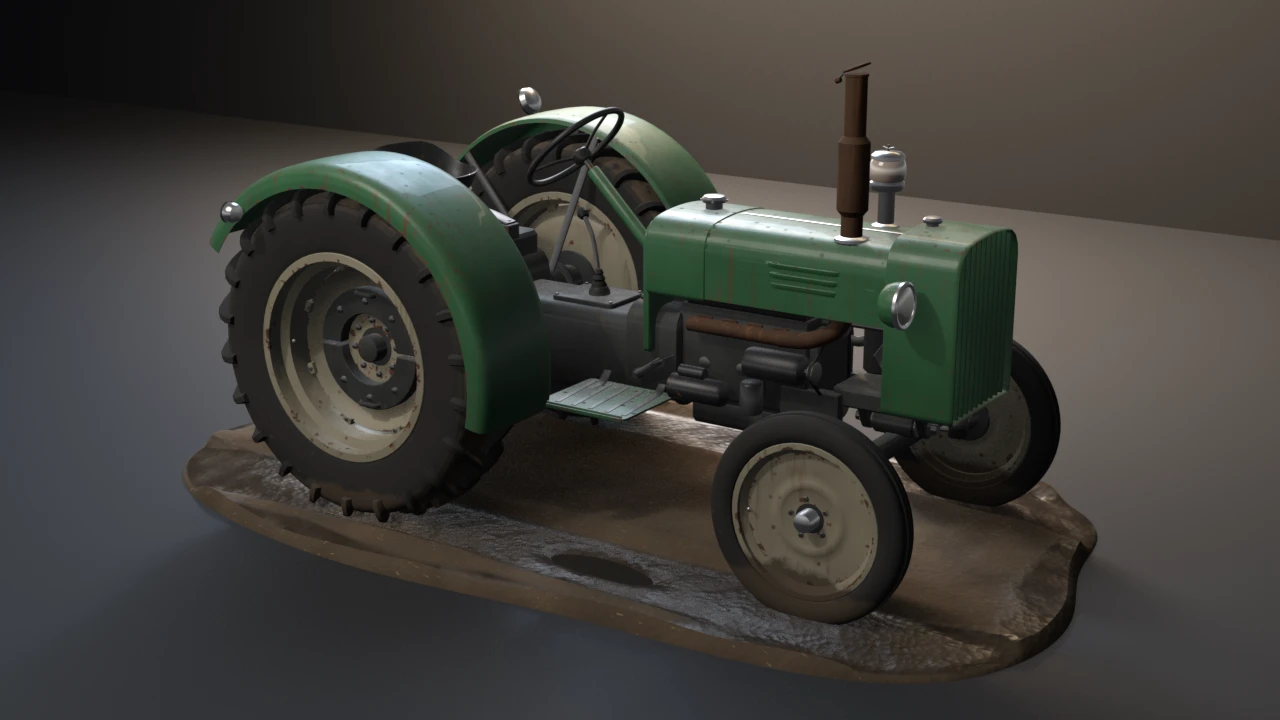 Green farm tractor in muddy ruts beside a puddle: long bonnet, barred grille, rusty exhaust stack, big rear tyres with mud-packed chevron lugs on cream rims with weights, small ribbed fronts.