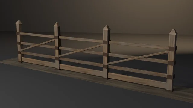 A weathered post-and-rail fence run of three sections on a packed-earth strip, one capped post at each joint, each bay with a diagonal board brace and dark iron bands.