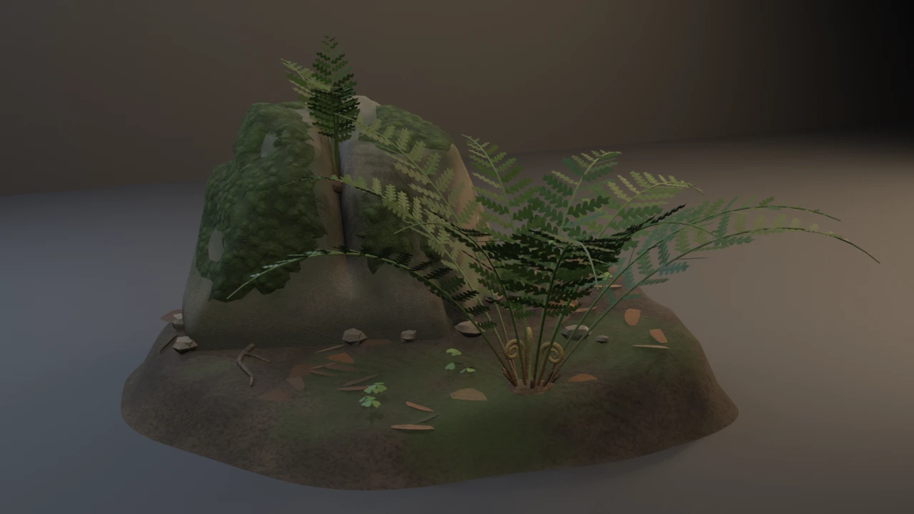 A male fern's arching crown of cut fronds and fiddleheads beside a split gritstone boulder with flat broken faces, lobed moss cushions and a small fern in its crack, on a soil bank with beech litter.