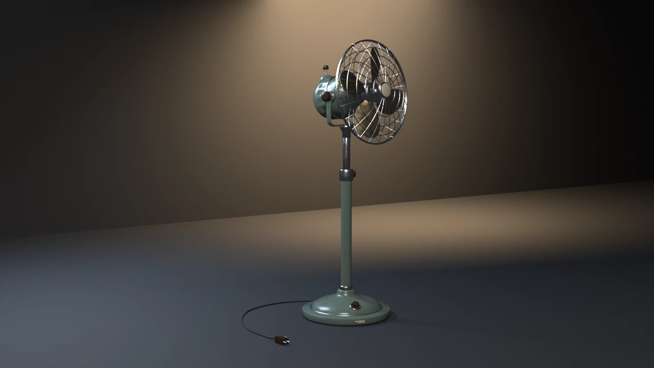 A sage-green 1950s pedestal fan, head turned on a tilt yoke: chrome wire guard over four brass blades, telescoping column, round cast base with a speed knob, cord to a plug.