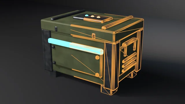 One olive sci-fi supply crate with a cyan light strip, its right half traced by an amber wire cage of the re-imported glTF triangles that lands exactly on every bevel, rivet and vent slat.