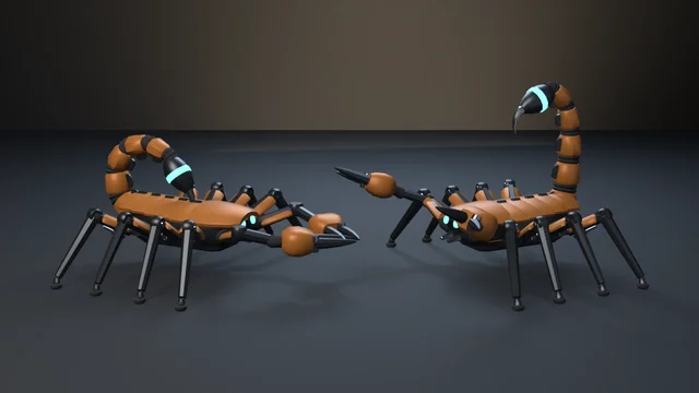 Two orange-plated mech scorpions face off: the authored one coils its tail with claws tucked; the re-imported one, driven by its imported bones, rears its tail to strike with claws raised.