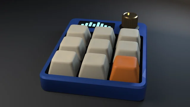 A cobalt-blue macropad with a brass knob and a glowing OLED meter, its three-by-three key field of cream keycaps instanced by Geometry Nodes, with one orange accent key at the front right.
