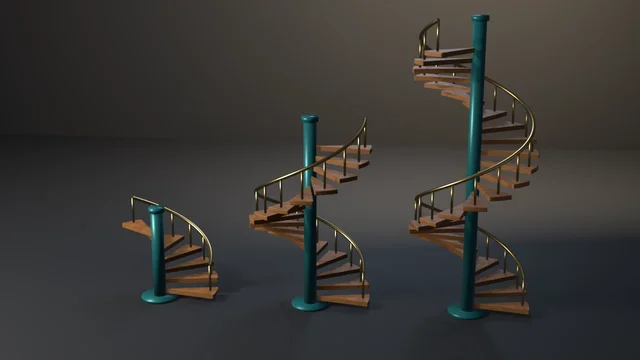 Three spiral staircases of one design, with oak treads, teal posts and brass rails, rising left to right from seven steps to seventeen to twenty-seven.
