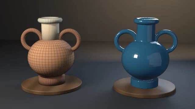 Two amphora vases on walnut bats: left, a kit of overlapping clay primitives under their own ring-topology cage; right, the same kit SDF-remeshed into one fused cobalt-glazed shell.