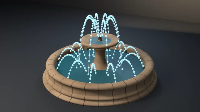 A two-tier sandstone fountain in a dark studio whose twenty jets are strings of glowing cyan droplet beads, each string threaded on a thin line tracing its ballistic arc into the pool.