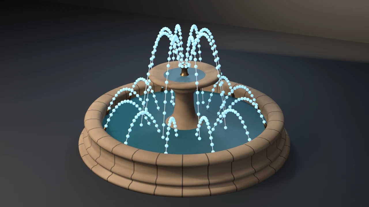 A two-tier sandstone fountain in a dark studio whose twenty jets are strings of glowing cyan droplet beads, each string threaded on a thin line tracing its ballistic arc into the pool.